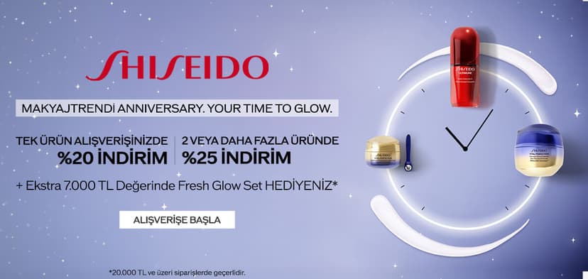 SHISEIDO TEK ÜRÜNDE %20 +İKİ VE ÜZERİ ÜRÜNDE %25 İNDİRİMİ +EKSTRA HEDİYE FIRSATI
