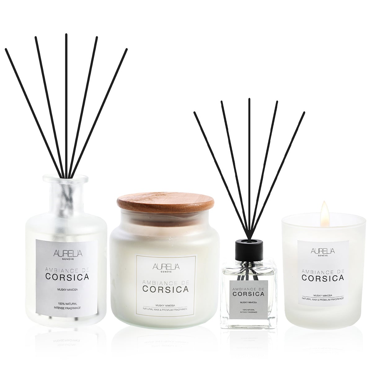 Mimoza ve Misk Kokulu Dörtlü Mum & Çubuklu Oda Kokusu Seti
