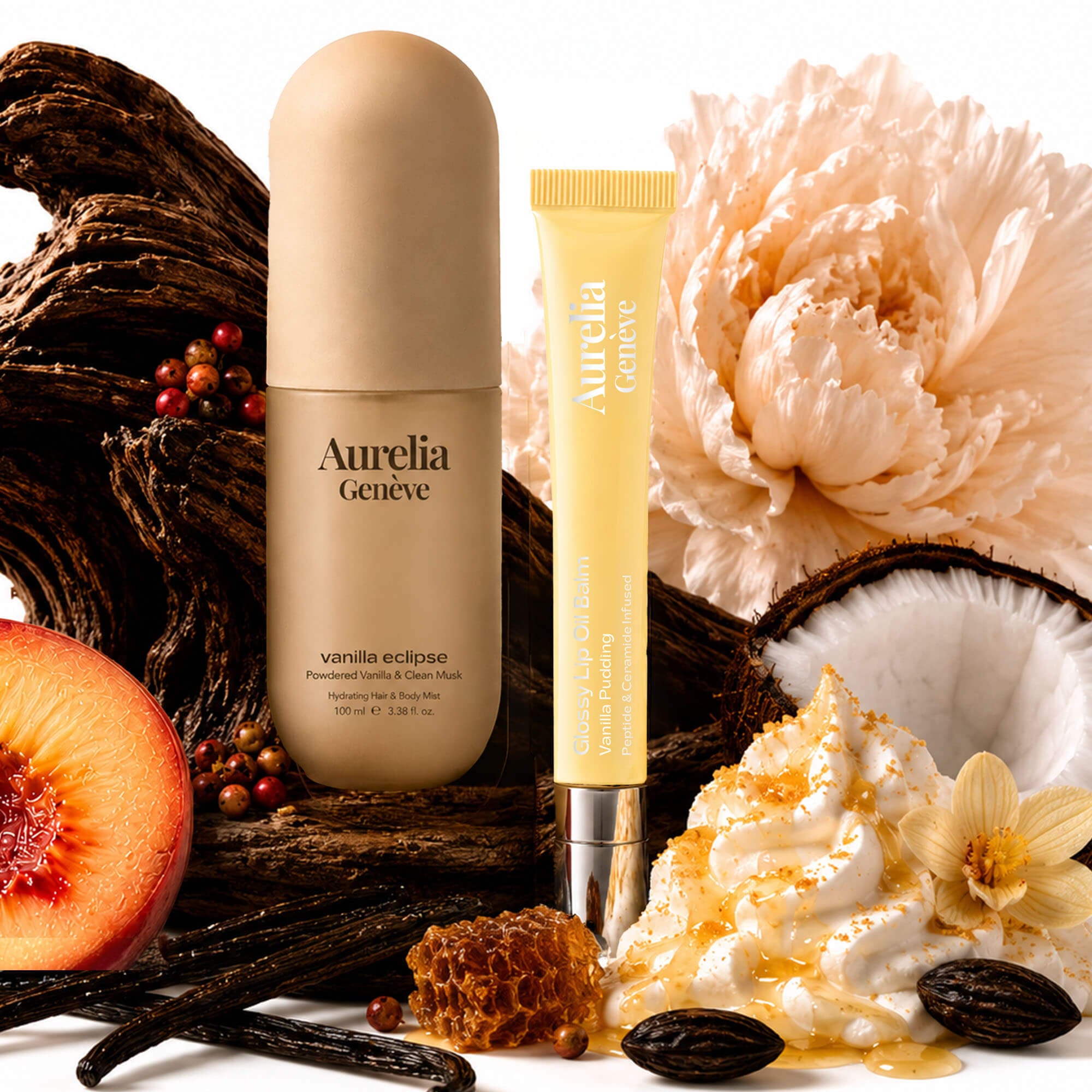Peptit & Seramid İçeren Nemlendirici Bej Lip Balm & Pudramsı Vanilya ve Taze Misk Kokulu Saç & Vücut Misti