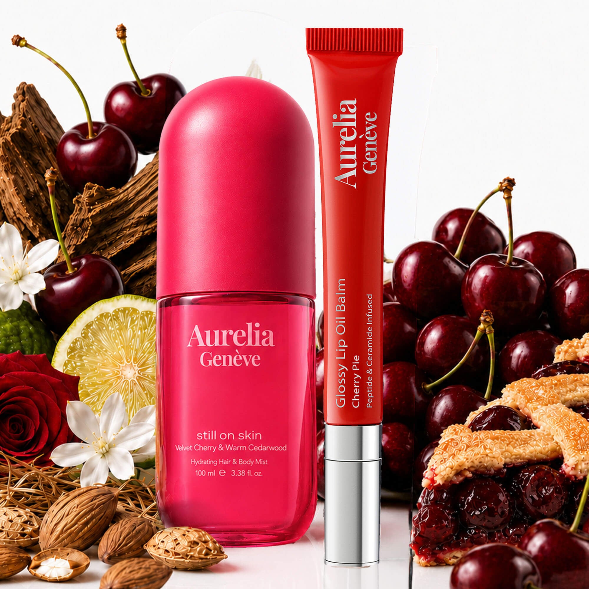 Peptit & Seramid İçeren Nemlendirici Kiraz Kırmızı Lip Balm & Kadifemsi Vişne ve Sıcak Sedir Ağacı Kokulu Saç & Vücut Misti