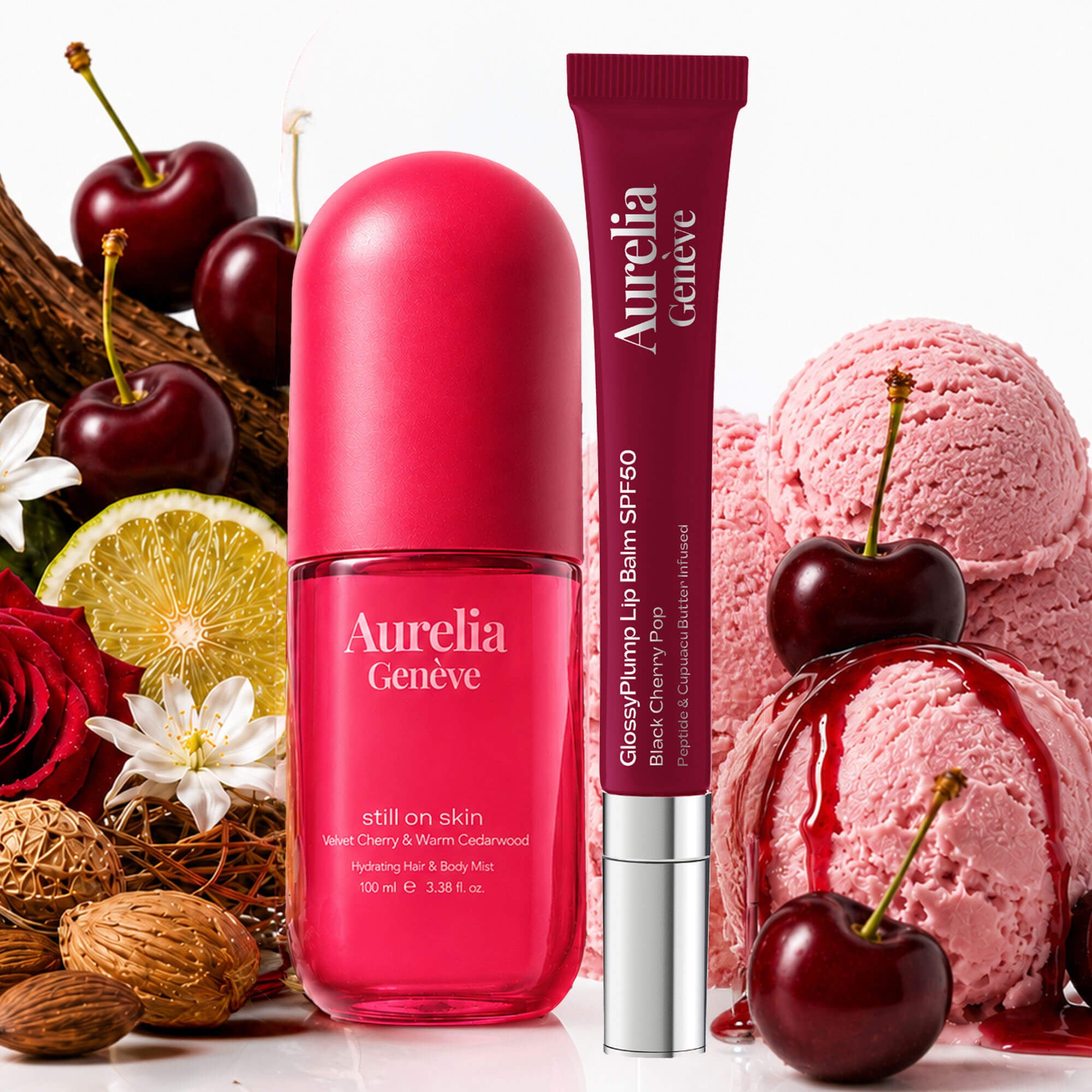 Güneşten Koruyucu & Dolgunlaştırıcı Etkili Kiraz Renkli Lip Balm & Kadifemsi Vişne ve Sıcak Sedir Ağacı Kokulu Saç & Vücut Misti