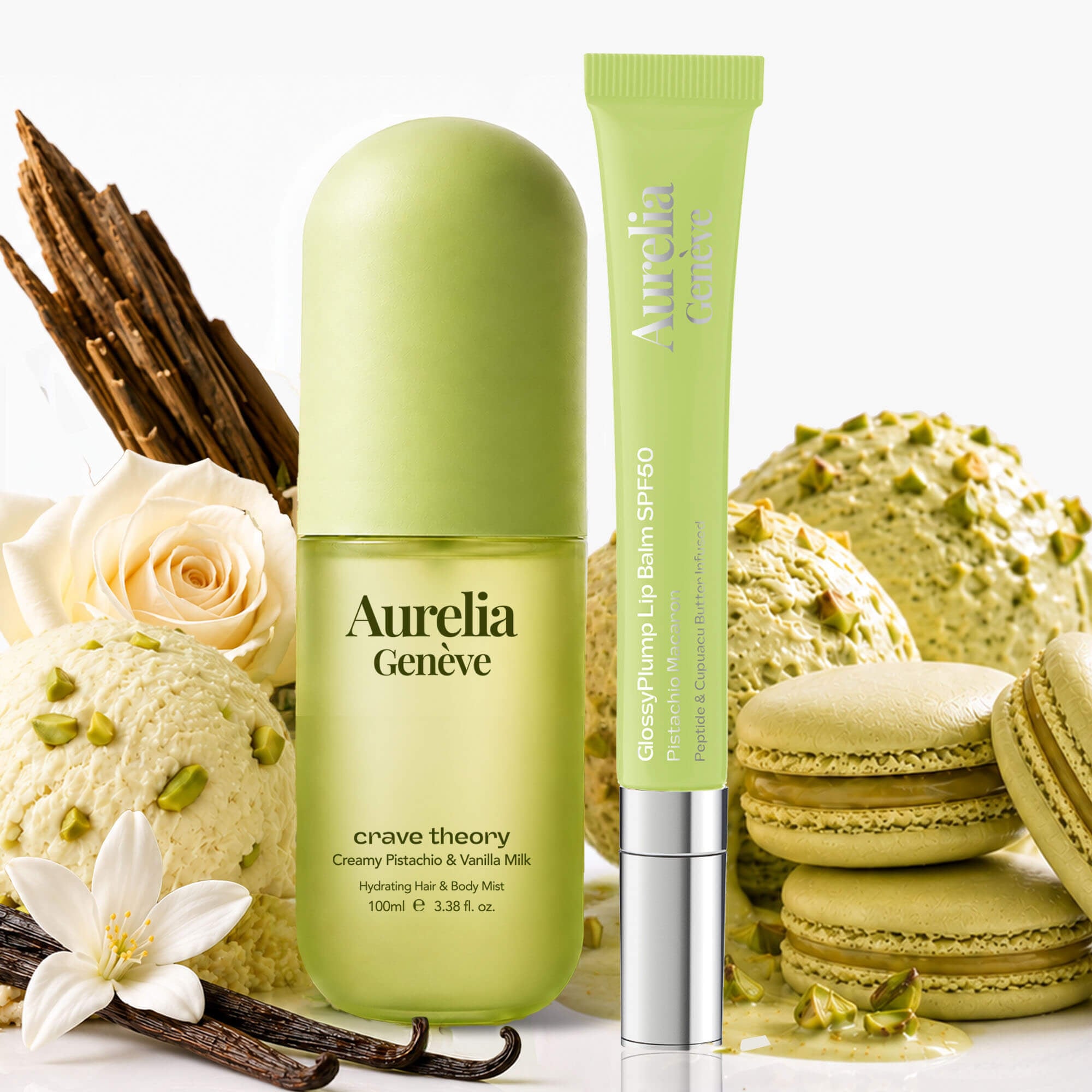 Güneşten Koruyucu & Dolgunlaştırıcı Etkili Altın Işıltılı Şeffaf Lip Balm & Kremsi Fıstık ve Sütlü Vanilya Kokulu Saç & Vücut Misti